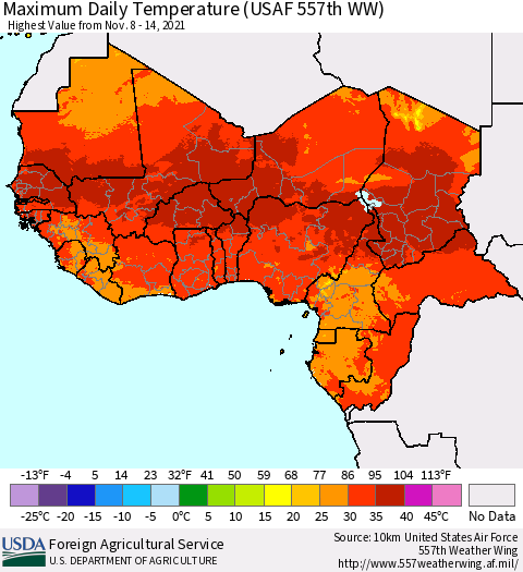 Western Africa Maximum Daily Temperature (USAF 557th WW) Thematic Map For 11/8/2021 - 11/14/2021