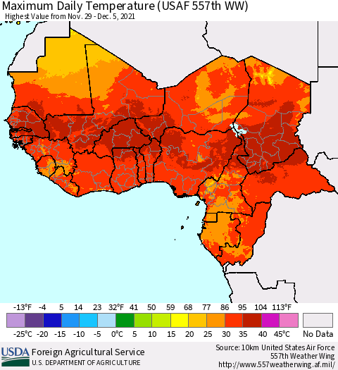 Western Africa Maximum Daily Temperature (USAF 557th WW) Thematic Map For 11/29/2021 - 12/5/2021