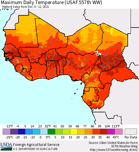Western Africa Maximum Daily Temperature (USAF 557th WW) Thematic Map For 12/6/2021 - 12/12/2021
