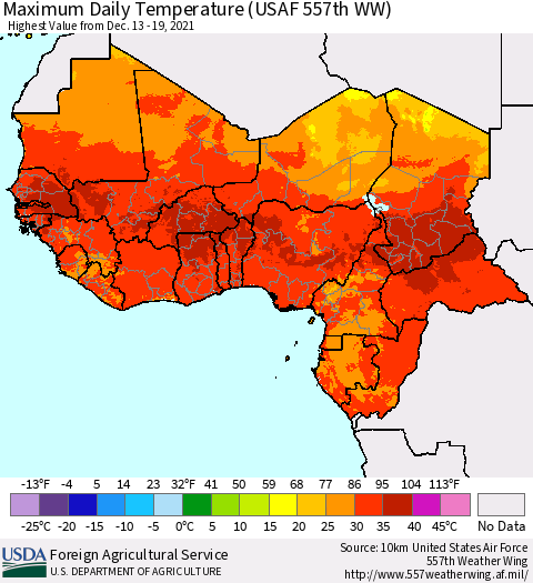 Western Africa Maximum Daily Temperature (USAF 557th WW) Thematic Map For 12/13/2021 - 12/19/2021