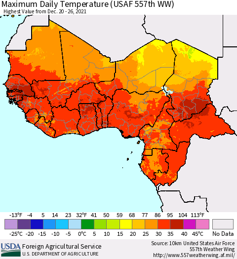 Western Africa Maximum Daily Temperature (USAF 557th WW) Thematic Map For 12/20/2021 - 12/26/2021