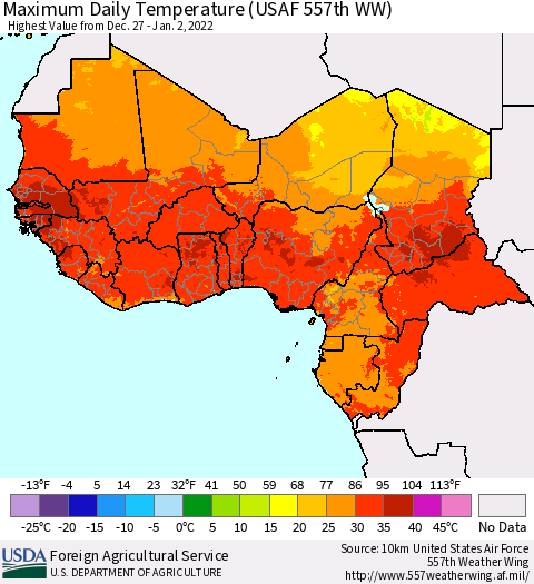 Western Africa Maximum Daily Temperature (USAF 557th WW) Thematic Map For 12/27/2021 - 1/2/2022