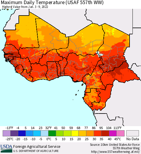 Western Africa Maximum Daily Temperature (USAF 557th WW) Thematic Map For 1/3/2022 - 1/9/2022