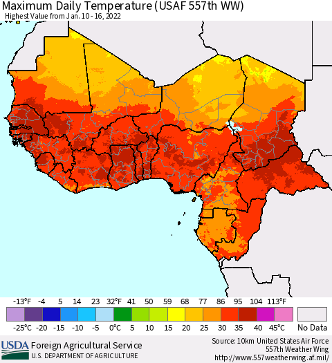 Western Africa Maximum Daily Temperature (USAF 557th WW) Thematic Map For 1/10/2022 - 1/16/2022