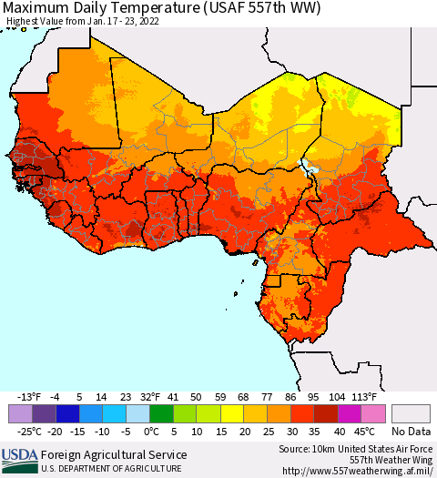 Western Africa Maximum Daily Temperature (USAF 557th WW) Thematic Map For 1/17/2022 - 1/23/2022