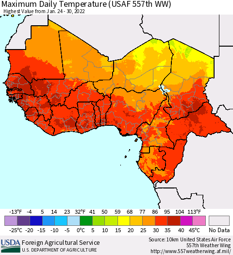Western Africa Maximum Daily Temperature (USAF 557th WW) Thematic Map For 1/24/2022 - 1/30/2022