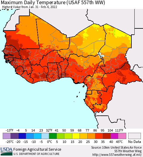 Western Africa Maximum Daily Temperature (USAF 557th WW) Thematic Map For 1/31/2022 - 2/6/2022