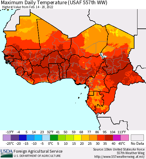Western Africa Maximum Daily Temperature (USAF 557th WW) Thematic Map For 2/14/2022 - 2/20/2022
