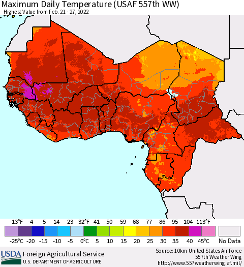 Western Africa Maximum Daily Temperature (USAF 557th WW) Thematic Map For 2/21/2022 - 2/27/2022
