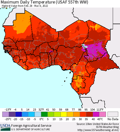 Western Africa Maximum Daily Temperature (USAF 557th WW) Thematic Map For 2/28/2022 - 3/6/2022
