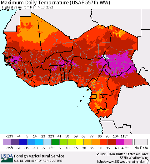 Western Africa Maximum Daily Temperature (USAF 557th WW) Thematic Map For 3/7/2022 - 3/13/2022