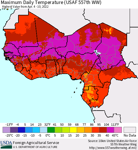 Western Africa Maximum Daily Temperature (USAF 557th WW) Thematic Map For 4/4/2022 - 4/10/2022