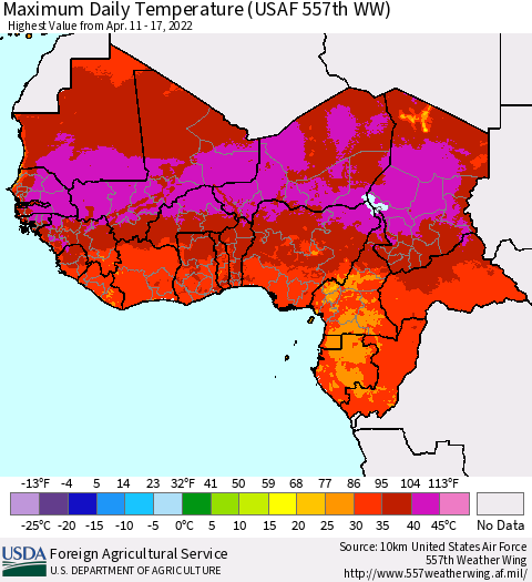 Western Africa Maximum Daily Temperature (USAF 557th WW) Thematic Map For 4/11/2022 - 4/17/2022