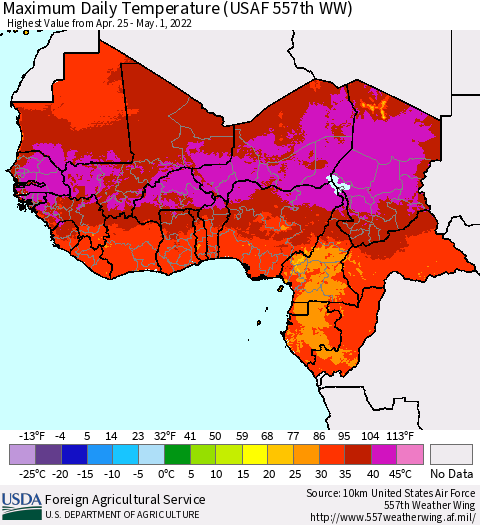 Western Africa Maximum Daily Temperature (USAF 557th WW) Thematic Map For 4/25/2022 - 5/1/2022