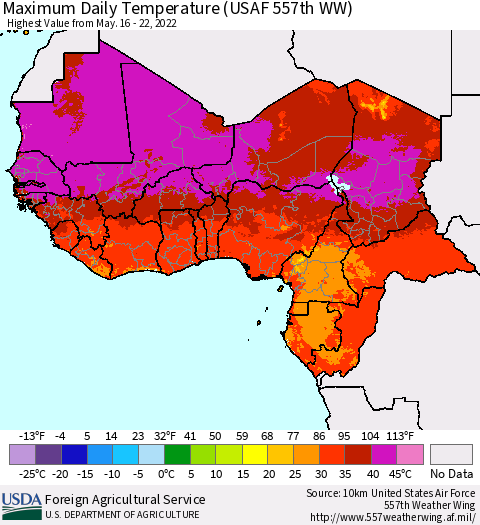 Western Africa Maximum Daily Temperature (USAF 557th WW) Thematic Map For 5/16/2022 - 5/22/2022