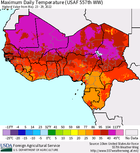 Western Africa Maximum Daily Temperature (USAF 557th WW) Thematic Map For 5/23/2022 - 5/29/2022