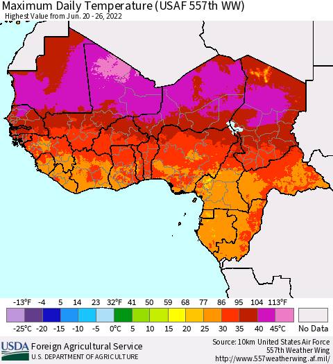 Western Africa Maximum Daily Temperature (USAF 557th WW) Thematic Map For 6/20/2022 - 6/26/2022