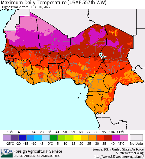 Western Africa Maximum Daily Temperature (USAF 557th WW) Thematic Map For 7/4/2022 - 7/10/2022