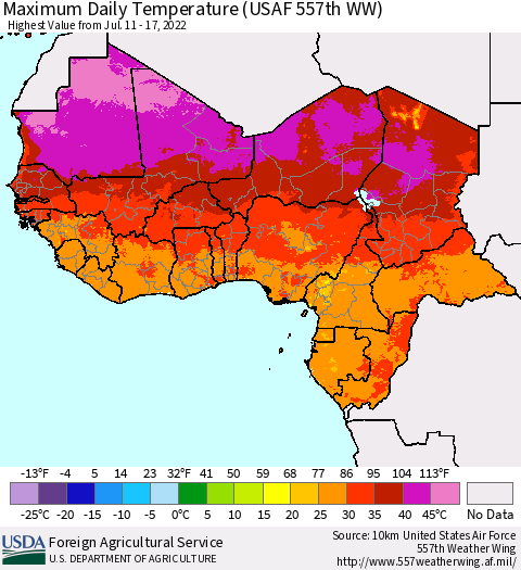 Western Africa Maximum Daily Temperature (USAF 557th WW) Thematic Map For 7/11/2022 - 7/17/2022