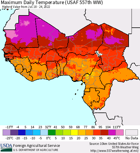 Western Africa Maximum Daily Temperature (USAF 557th WW) Thematic Map For 7/18/2022 - 7/24/2022