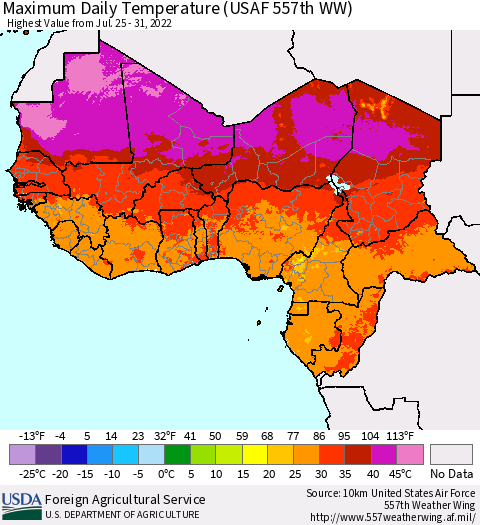 Western Africa Maximum Daily Temperature (USAF 557th WW) Thematic Map For 7/25/2022 - 7/31/2022