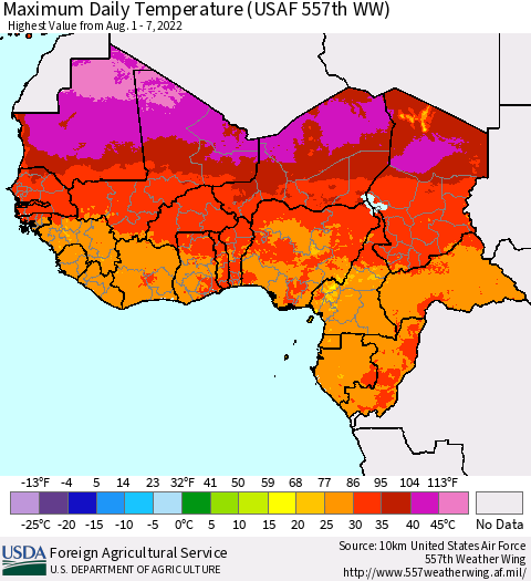 Western Africa Maximum Daily Temperature (USAF 557th WW) Thematic Map For 8/1/2022 - 8/7/2022