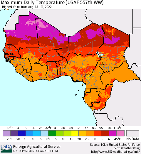 Western Africa Maximum Daily Temperature (USAF 557th WW) Thematic Map For 8/15/2022 - 8/21/2022