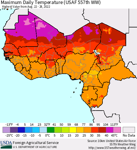 Western Africa Maximum Daily Temperature (USAF 557th WW) Thematic Map For 8/22/2022 - 8/28/2022