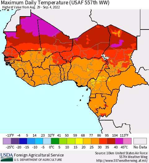 Western Africa Maximum Daily Temperature (USAF 557th WW) Thematic Map For 8/29/2022 - 9/4/2022