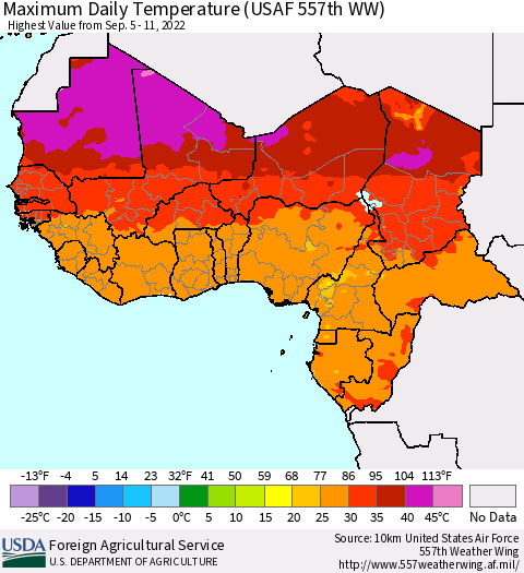 Western Africa Maximum Daily Temperature (USAF 557th WW) Thematic Map For 9/5/2022 - 9/11/2022