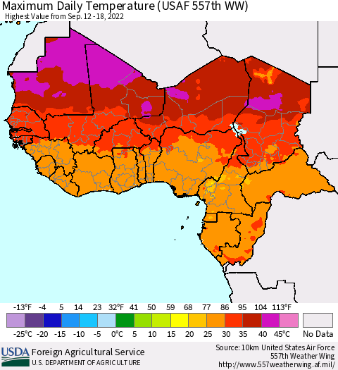 Western Africa Maximum Daily Temperature (USAF 557th WW) Thematic Map For 9/12/2022 - 9/18/2022