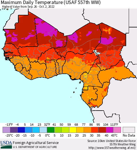 Western Africa Maximum Daily Temperature (USAF 557th WW) Thematic Map For 9/26/2022 - 10/2/2022