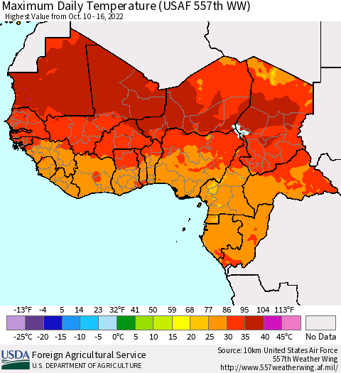 Western Africa Maximum Daily Temperature (USAF 557th WW) Thematic Map For 10/10/2022 - 10/16/2022