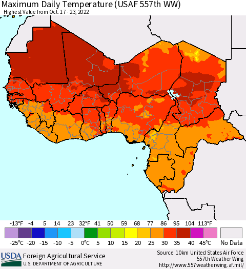 Western Africa Maximum Daily Temperature (USAF 557th WW) Thematic Map For 10/17/2022 - 10/23/2022
