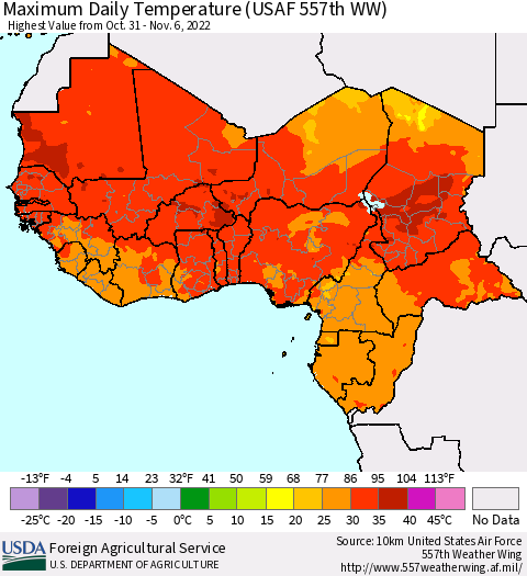 Western Africa Maximum Daily Temperature (USAF 557th WW) Thematic Map For 10/31/2022 - 11/6/2022