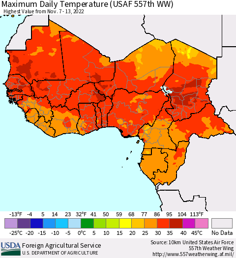 Western Africa Maximum Daily Temperature (USAF 557th WW) Thematic Map For 11/7/2022 - 11/13/2022