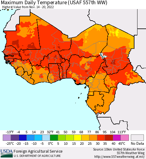 Western Africa Maximum Daily Temperature (USAF 557th WW) Thematic Map For 11/14/2022 - 11/20/2022