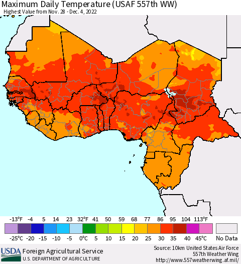 Western Africa Maximum Daily Temperature (USAF 557th WW) Thematic Map For 11/28/2022 - 12/4/2022
