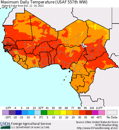 Western Africa Maximum Daily Temperature (USAF 557th WW) Thematic Map For 12/12/2022 - 12/18/2022