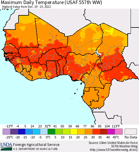 Western Africa Maximum Daily Temperature (USAF 557th WW) Thematic Map For 12/19/2022 - 12/25/2022