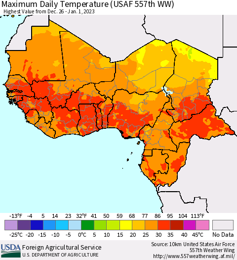 Western Africa Maximum Daily Temperature (USAF 557th WW) Thematic Map For 12/26/2022 - 1/1/2023