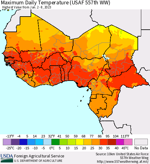 Western Africa Maximum Daily Temperature (USAF 557th WW) Thematic Map For 1/2/2023 - 1/8/2023