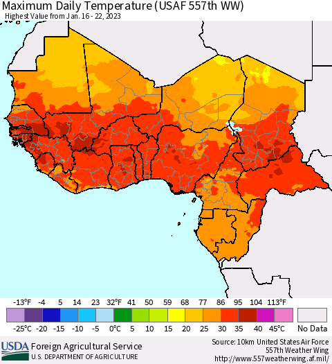 Western Africa Maximum Daily Temperature (USAF 557th WW) Thematic Map For 1/16/2023 - 1/22/2023