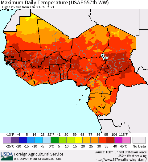 Western Africa Maximum Daily Temperature (USAF 557th WW) Thematic Map For 1/23/2023 - 1/29/2023