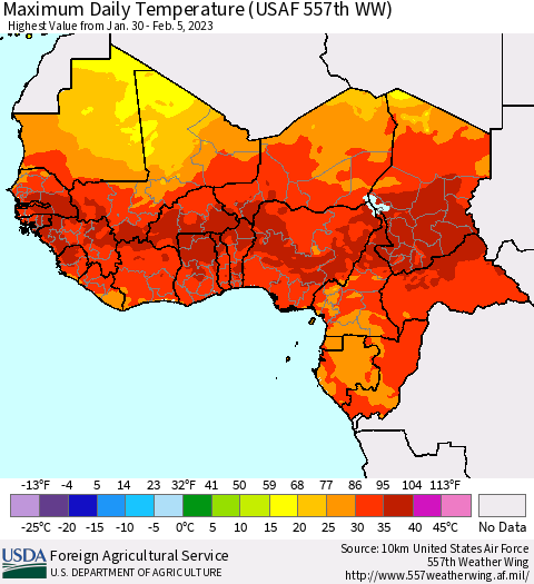 Western Africa Maximum Daily Temperature (USAF 557th WW) Thematic Map For 1/30/2023 - 2/5/2023
