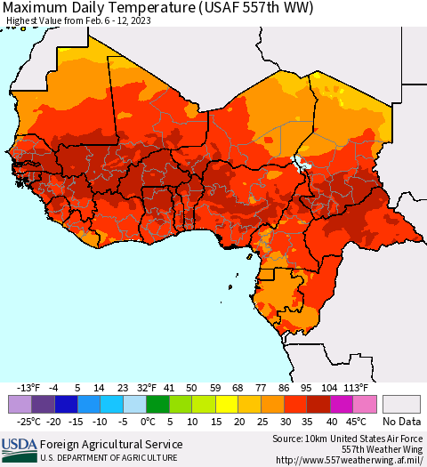 Western Africa Maximum Daily Temperature (USAF 557th WW) Thematic Map For 2/6/2023 - 2/12/2023