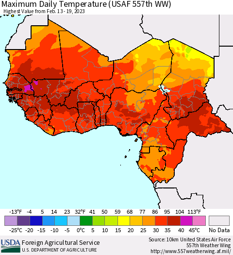 Western Africa Maximum Daily Temperature (USAF 557th WW) Thematic Map For 2/13/2023 - 2/19/2023