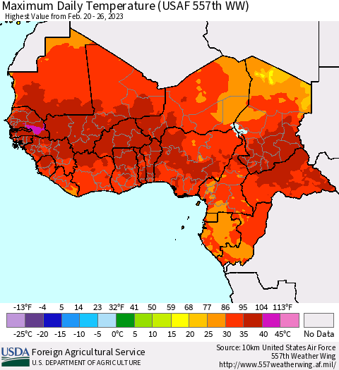 Western Africa Maximum Daily Temperature (USAF 557th WW) Thematic Map For 2/20/2023 - 2/26/2023