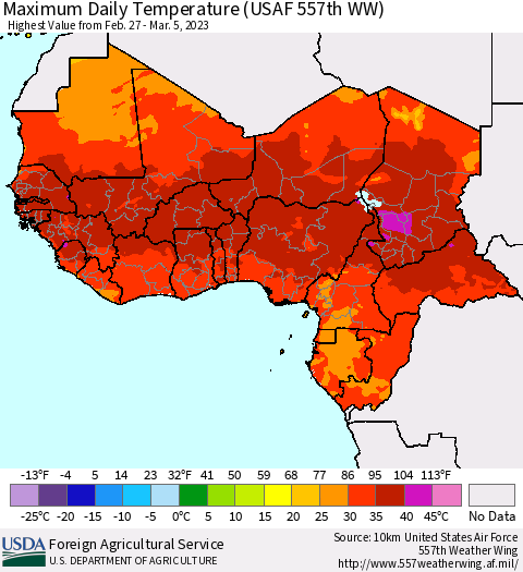 Western Africa Maximum Daily Temperature (USAF 557th WW) Thematic Map For 2/27/2023 - 3/5/2023