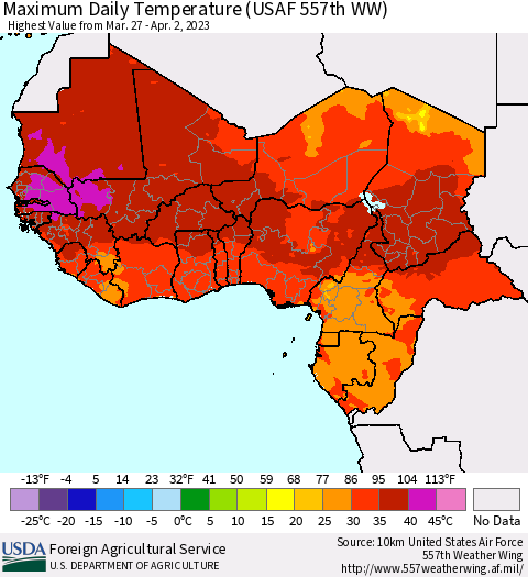 Western Africa Maximum Daily Temperature (USAF 557th WW) Thematic Map For 3/27/2023 - 4/2/2023